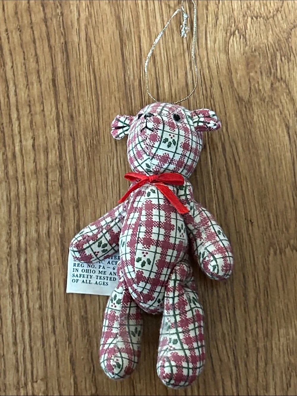Pink Plaid Plush Dog Toy Bear with Red Bow